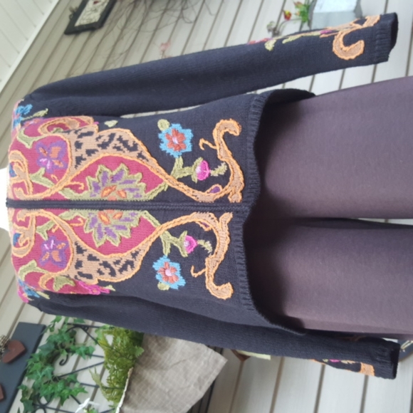 COLDWATER CREEK ♡ Vintage Black Floral Embroidered Zip Cardigan Sweater S|M - Picture 11 of 13